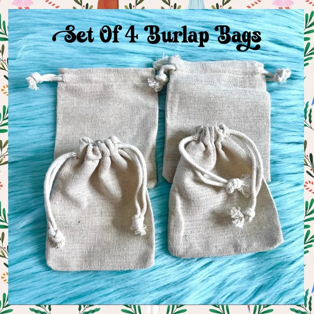 Set of 4 Burlap Canvas Drawstring Bags Rustic Gift Favor Jewelry Spice Pouches